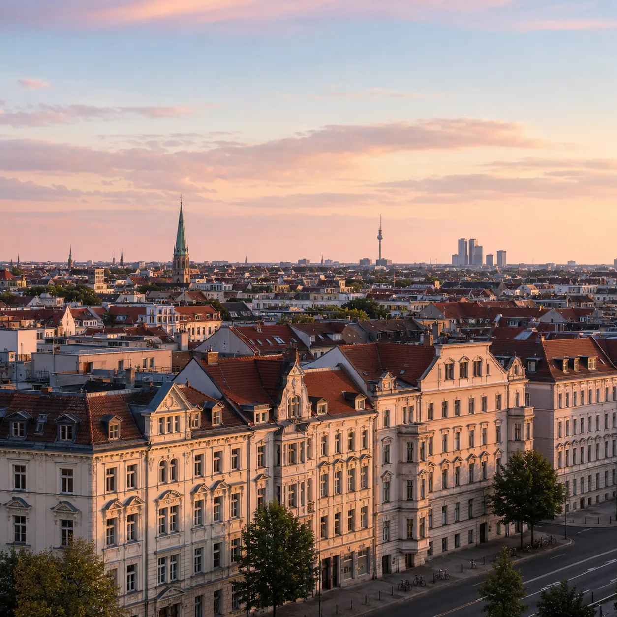 Wohnquartier einer deutschen Stadt im Abendlicht