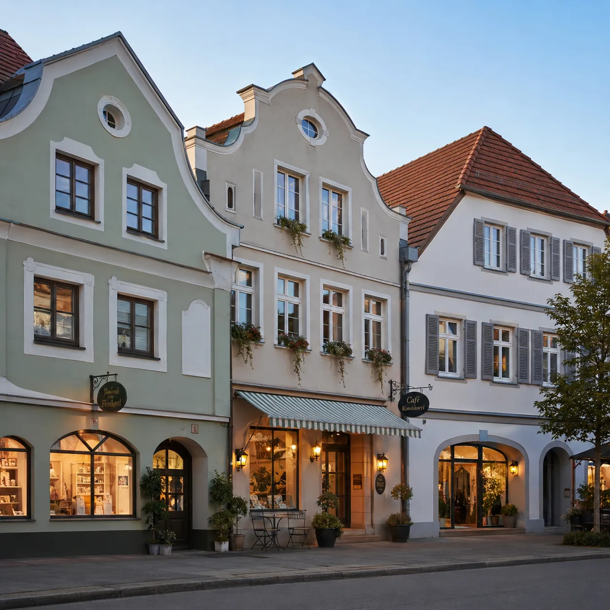 Geschäftsstraße einer Kleinstadt in der Abenddämmerung