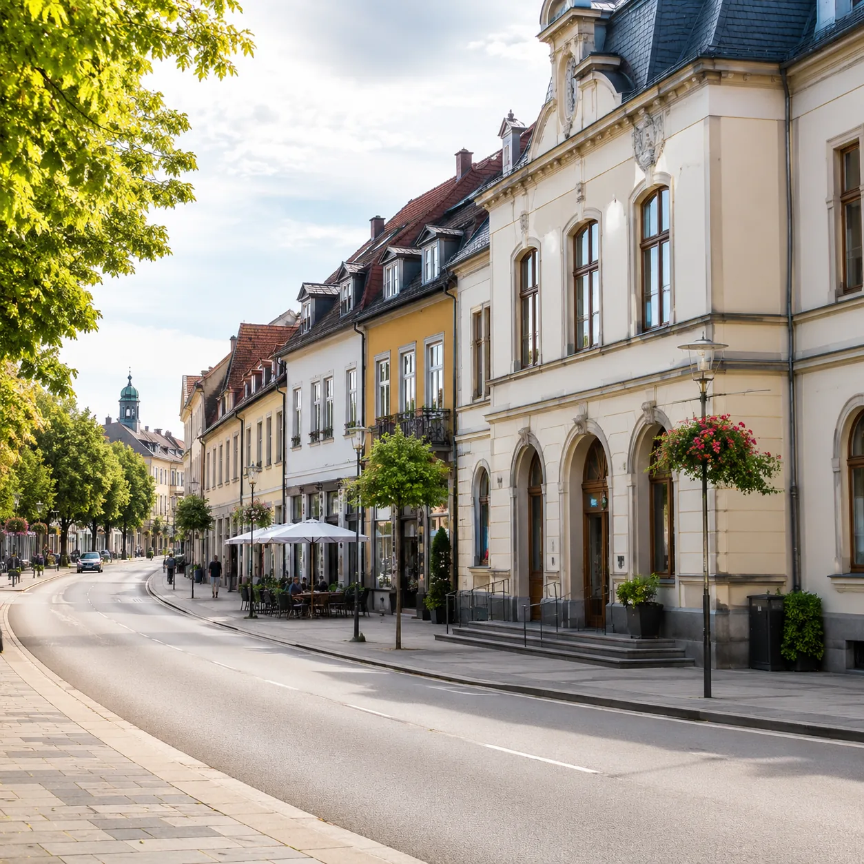 Innenstadtstraße mit Geschäften und Gastronomie