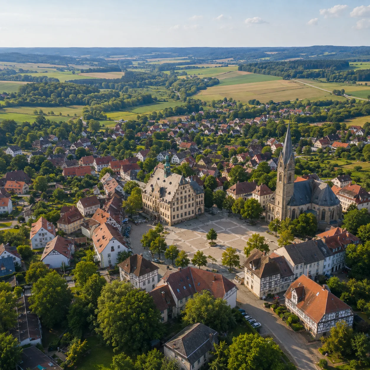 Luftaufnahme einer Gemeinde mit Wohnbebauung und Ortskern