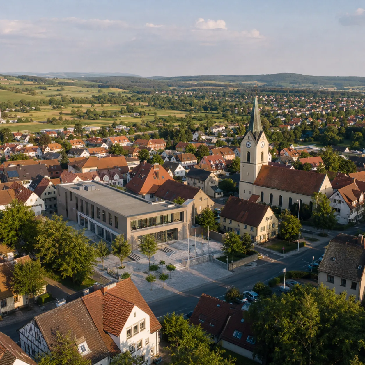 Luftaufnahme einer Gemeinde mit Rathaus und Marktplatz